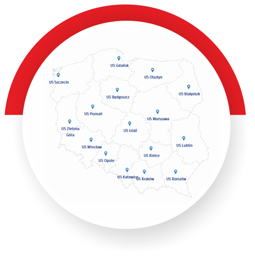 Mapa Polski z zaznaczonymi siedzibami Urzędów Statystycznych